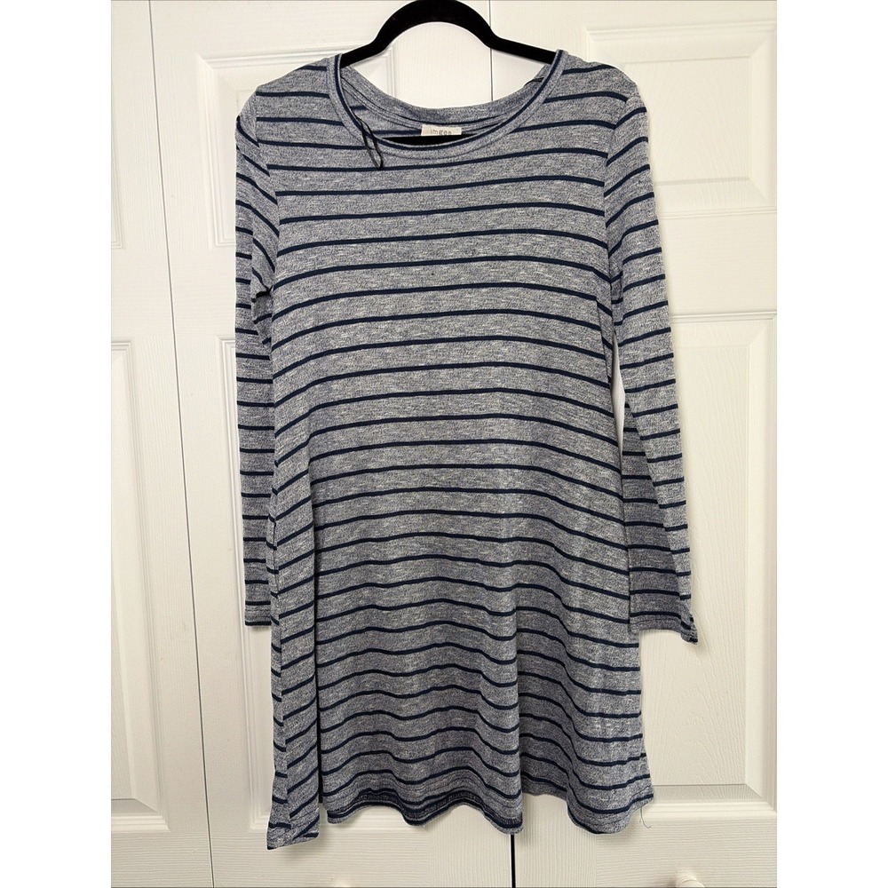 Umgee Striped Tunic Dress Womens Size S Blue Long Sleeve Pockets Minimal Travel